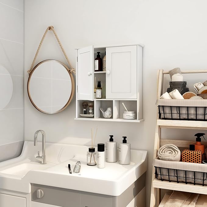 TaoHFE White Bathroom Wall Cabinet with 2 Door Adjustable Shelves,Over The Toilet Storage White Wall Mounted Medicine Cabinet