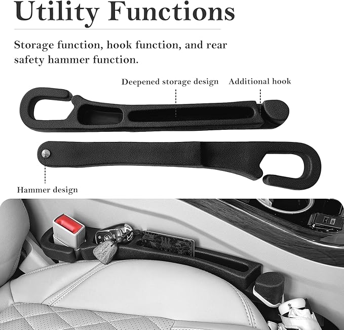 Car Seat Gap Filler 2 Pack with Organizer Hook & Emergency Glass Breaker Prevent Small Items & Tools from Falling Ultimate Seat Side Gap Fits Cars, SUVs, Trucks & Sedans