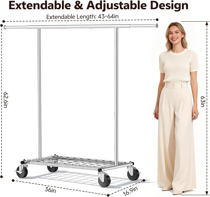 Heavy Duty Clothes Rack - Load 500 LBS, Rolling Clothing Rack for Hanging Clothes with Lockable Wheels & Shelves, Extendable 