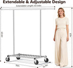 Heavy Duty Clothes Rack - Load 500 LBS, Rolling Clothing Rack for Hanging Clothes with Lockable Wheels & Shelves, Extendable 
