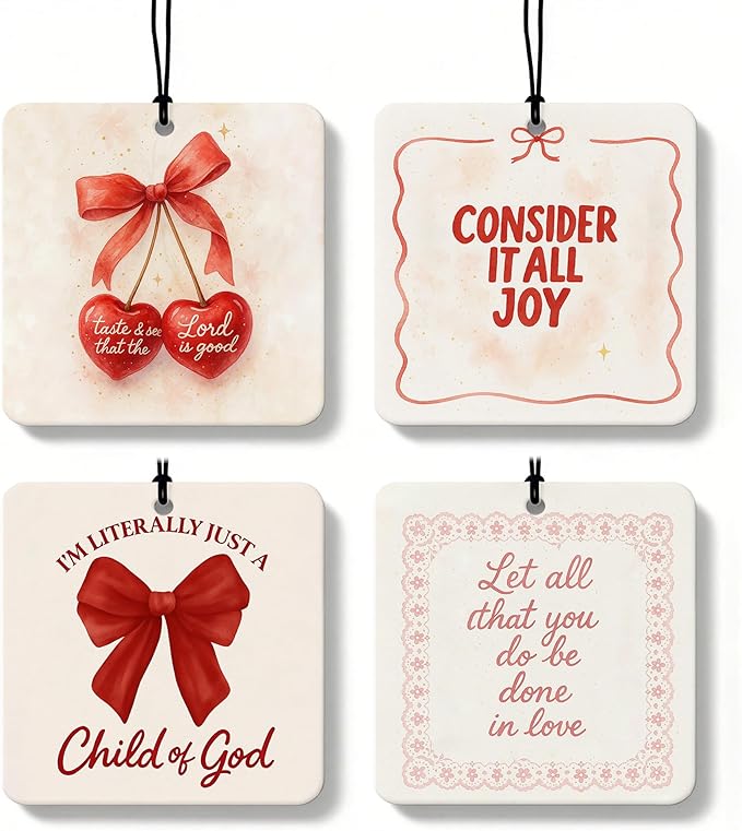 Red Coquette Bow Cherry Christian Square Citrus Car Air Freshener 4 Pcs, Preppy Religious Hanging Air Freshener for Cars Bath
