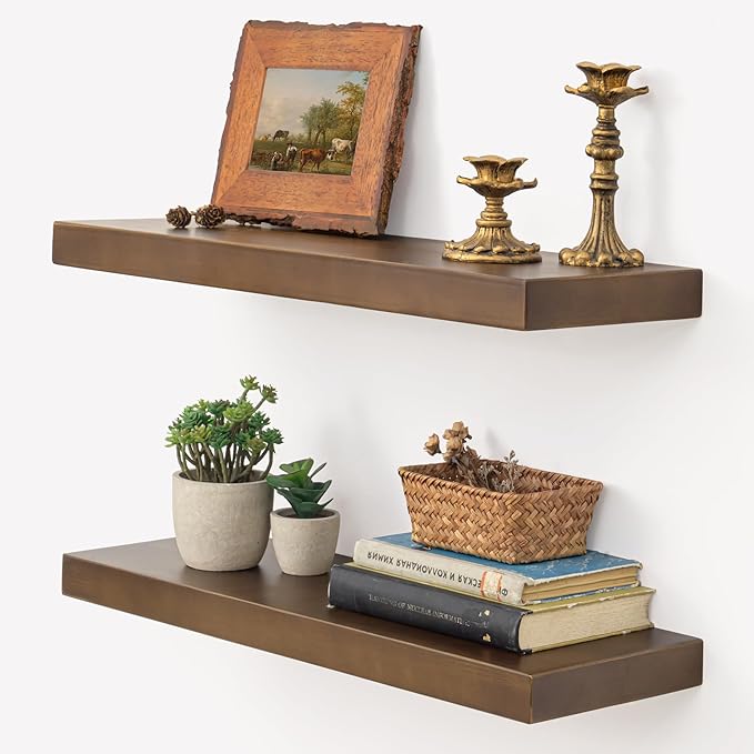 Marsmiles 24 Inch Wood Floating Shelves | Rustic Dark Wood Wall Shelves Set of 2 | 24" W x 7.7" D x 1.6" H Wooden Shelves for