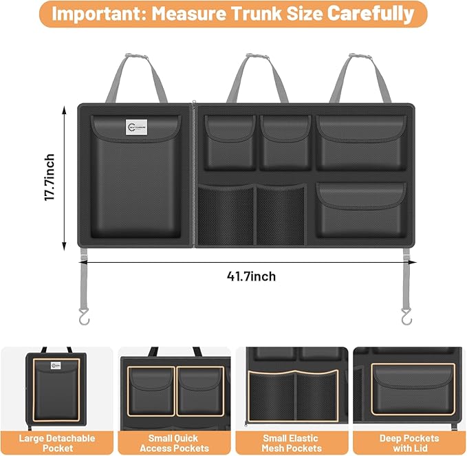 Detachable Hanging Trunk Organizer, Foldable Car Trunk Organizer Hanging for SUVs, Jeeps, Hatchbacks, Car Trunks Organiser