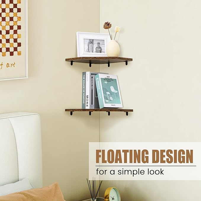 Fun Memories Corner Shelf Wall Mount, Floating Corner Shelves, Set of 4 Corner Wall Shelf Organizer, Rustic Wood Wall Storage