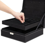 Juvale Jewelry Box for Men - 10.5 x 10.5 x 3.5 in, Black Velvet - Locking 2-Layer Travel Jewelry Organizer & Earring Holder, 