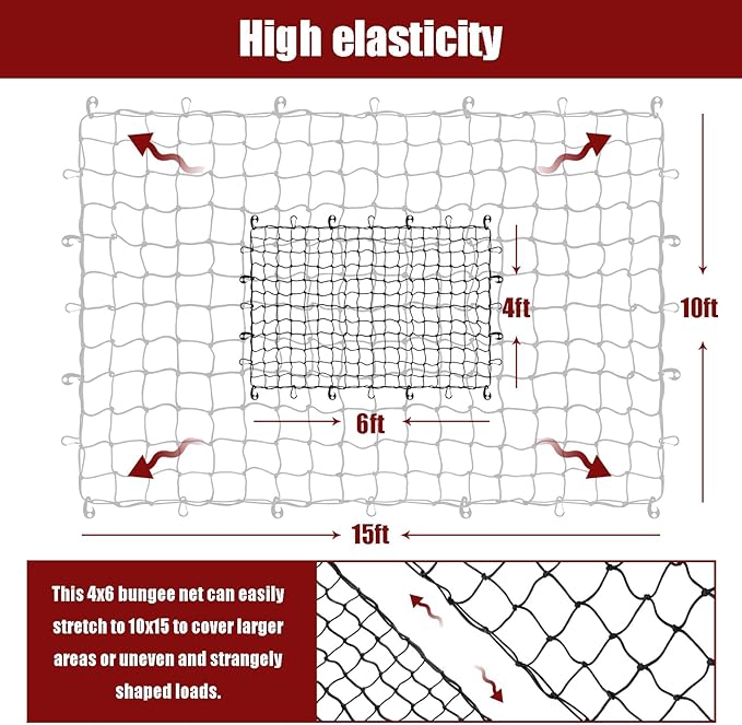 Heavy Duty Cargo Net for Pickup Truck Bed - 4' x 6' Stretches to 10' x 15' - Small 4"x4" Latex Bungee Net Mesh with 24 Clips - Compatible with Ford, Chevy, Dodge Ram, Toyota