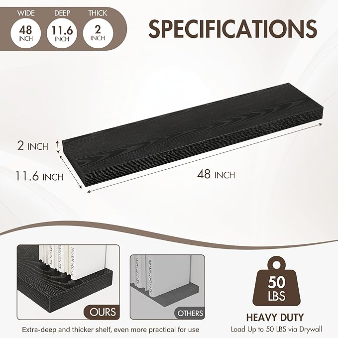 48 Inch Floating Shelves, 12" Deep Floating Shelf Wall Mounted, 48" Wall Shelves, Rustic Deep Bookshelf, Extra Deeper & Thick