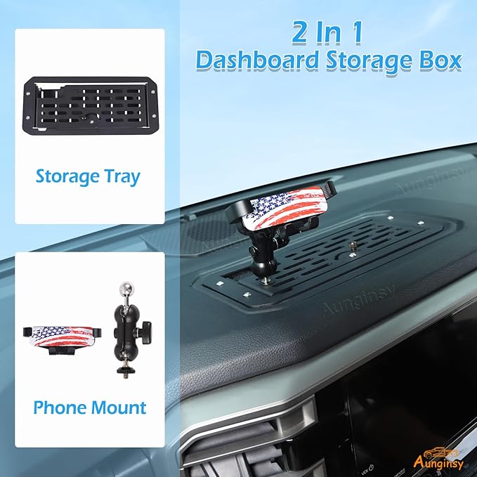 Aunginsy Center Console Dash Storage Organizer Tray with Mobile Phone Mount Compatible with Toyota Tundra/Sequoia 2022-2026, Car Dashboard Multi-Functional Phone Holder Storage Box Insert Accessories
