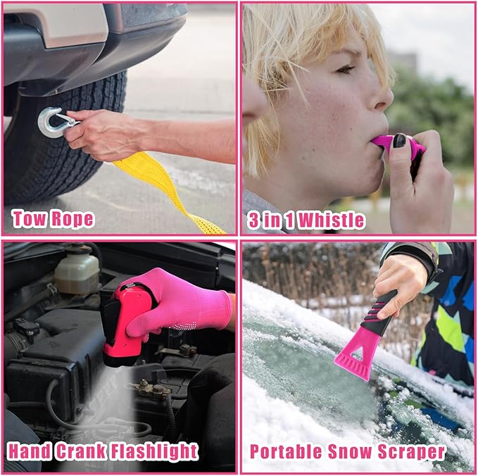 Car Emergency Kit, Pink Roadside Emergency Car Kit with Jumper Cables, Tow Rope, Safety Hammer, Pink Car Accessories for Wome