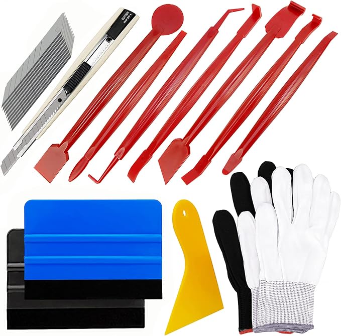 Umaki Automotive Vinyl Wraps Tools Tint Film Kit with 2 Pairs Vinyl Wrap Gloves, 4inch Felt Squeegee, Scraper, Edge Trimmer, Black Utility Vinyl Knife