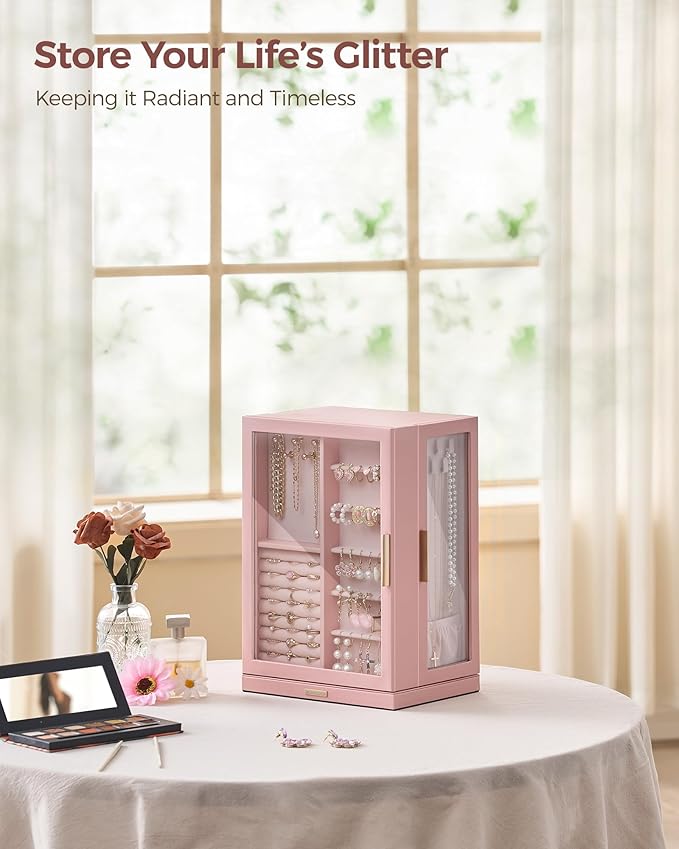 Glimmloop 360° Rotating Jewelry Box with 7 Drawers, Spacious Vertical Jewelry Organizer with Glass Window, Jewelry Storage Ca