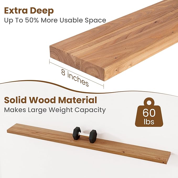 Floating Shelves for Wall Decor, 8" Deep Rustic Solid Elm Wood Floating Shelves Wall Mounted, Wall Shelves with Invisible Bra