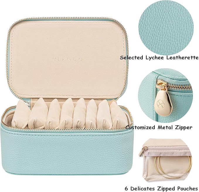 VLANDO Travel Jewelry Box Organizer – Portable PU Leather Jewelry Case with 6/8/12 Zippered Pouches, Compact Storage for Earr
