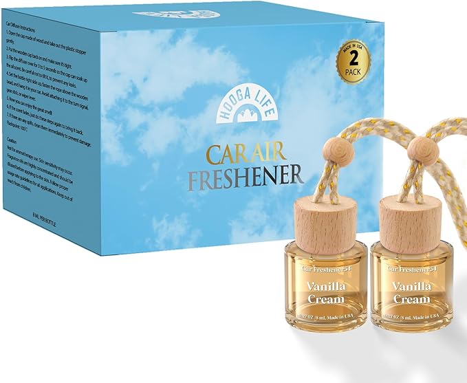 HoogaLife Car Air Freshener Diffuser 2 Pack Hanging Air Freshener Diffuser - Vanilla Cream Fragrance Oil Air D iffuser for Ca