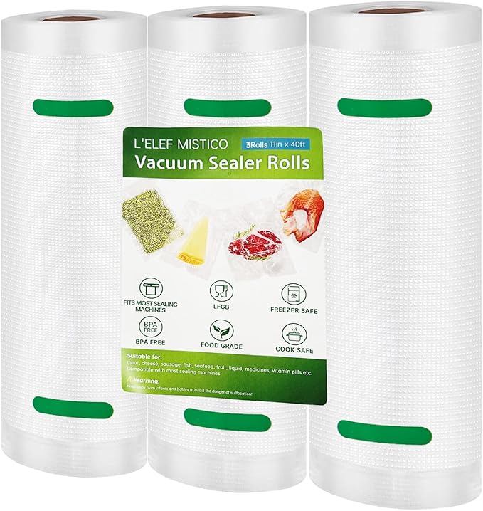 L'ELEF MISTICO Vacuum Sealer Bags for Food, 11''X40' (3 Rolls) BPA Free Food Saver Bags for Sealer, Customized Size Vacuum St