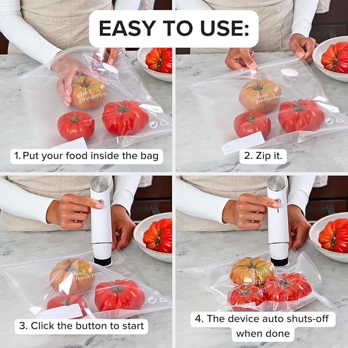 Chef Preserve Compact Vacuum Sealer for Food (Vacuum Sealer Machine + 3 Glass Vacuum Containers + 30 Reusable Vacuum Bags) Po
