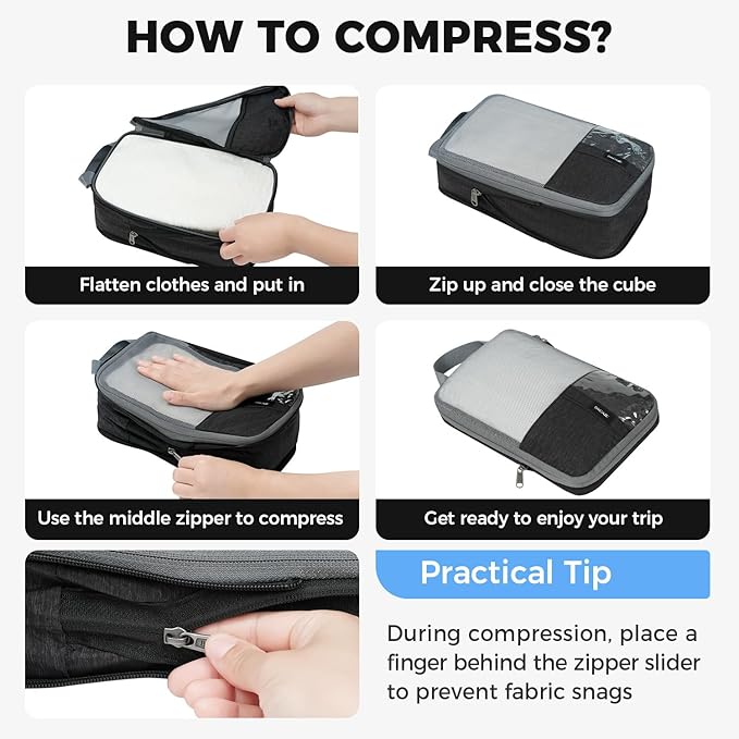 BAGAIL 6 Set Lightweight Compression Packing Cubes with Packing List, Anti-Tearing Expandable Organizer Bags for Travel, Blac