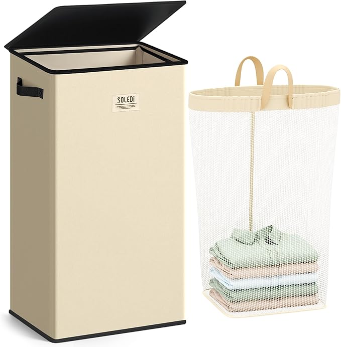 SOLEDI Laundry Hamper with Lid 100L Large & Tall Collapsible Laundry Basket, Clothes Hamper with Bag Removable Easy to Carry,