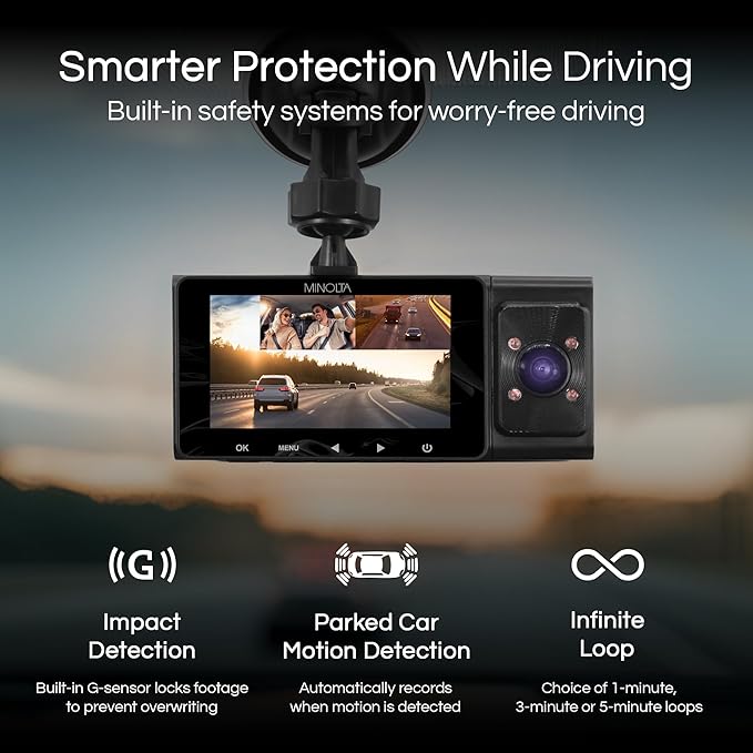 Minolta Dash Camera – 3-Channel 1080P Car DVR with Rear & Interior Cam, Night Vision, 3.0” LCD Screen, G-Sensor, Loop Recordi