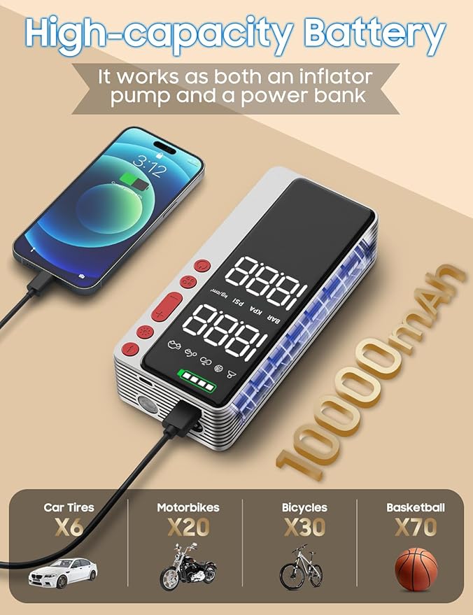 Tire Inflator Portable Air Compressor, Silver Smart Air Pump for Car Tires, All-in-One Storage Bike Tire Pump with LED Light, 10000mAh&150PSI Pump for Motor, Bicycle and More, Auto Shut-Off