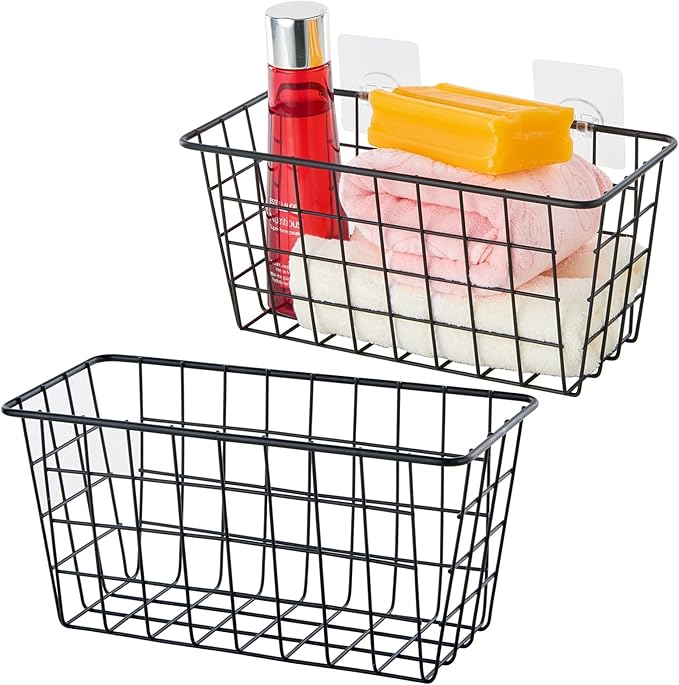 JUNCHU CHERRY 2 Pack Hanging Storage Basket, Bathroom Basket, Household Goods, with Traceless Tape, no Drilling, for Cabinet 