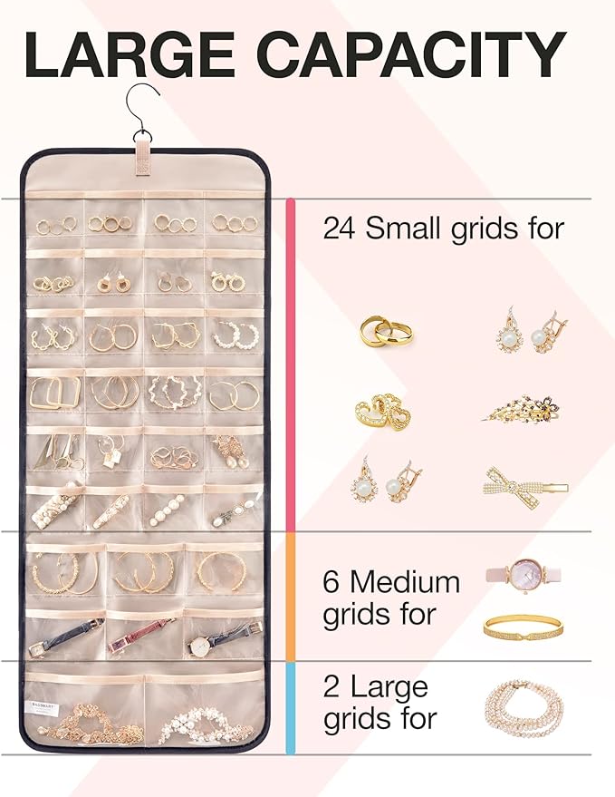 BAGSMART Hanging Jewelry Organizer Storage Roll with Hanger Metal Hooks Double-Sided Jewelry Holder for Earrings, Necklaces, 