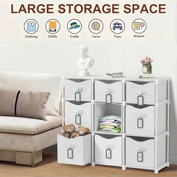 9 Cube Storage Organizer Shelf with Storage Bins and Label, 11 Inch Toy Cube Bins Clothes Closet Organizers Drawers Fabric Dr