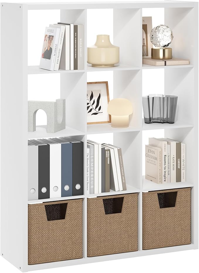 Furinno Cubicle Book Shelf, 12-Cube Bookshelf, Extra Thick Frame Reversible Bookcase with Open Back, 14.6" x 44" x 58", for L