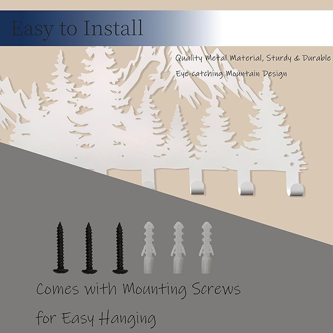 Large White Mountain Wall Mount with 14 Hooks, Decorative Forest Art Wall Hangerfor Cabin Entryway Front Door Bathroom Kitche