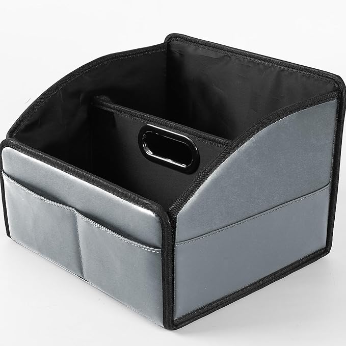 Car Storage Organizer [2025 UPDATED] Leather Car Caddy Basket for Front Seat Floor Back Seats Metal Handle 6 Compartments Adj