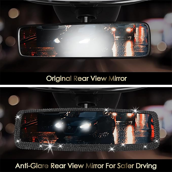 Bling Rhinestone Car Rearview Mirror - Car Accessories Crystal Diamond Decor for Women - Stylish Automotive Interior Accessory (Black)
