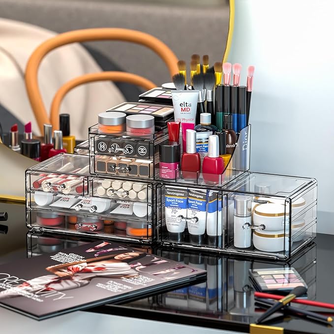 Cq acrylic 3 Pack Clear Makeup Organizer Countertop,Stackable 8 Drawers Skin Care Organizer,Cute Make Up Organizers for Vanit