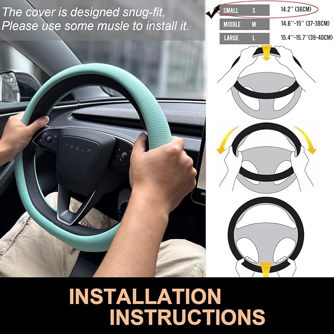 PINCTROT Nappa Leather Steering Wheel Cover for Tesla Model Y/3 Highland/Juniper, D Shaped 14 Inch Small Sized with Breathabl