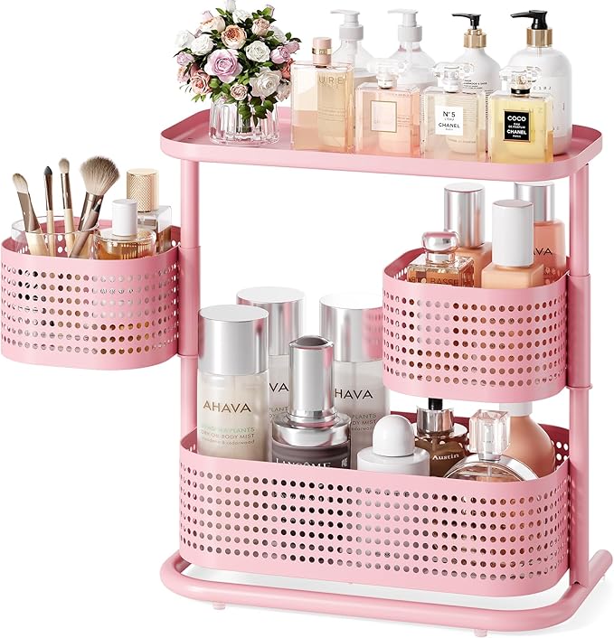 KINGRACK 3 Tier Pink Bathroom Counter Organizer, Rotating Makeup Organizer for Vanity, Perfume & Skincare Standing Shelf, Van