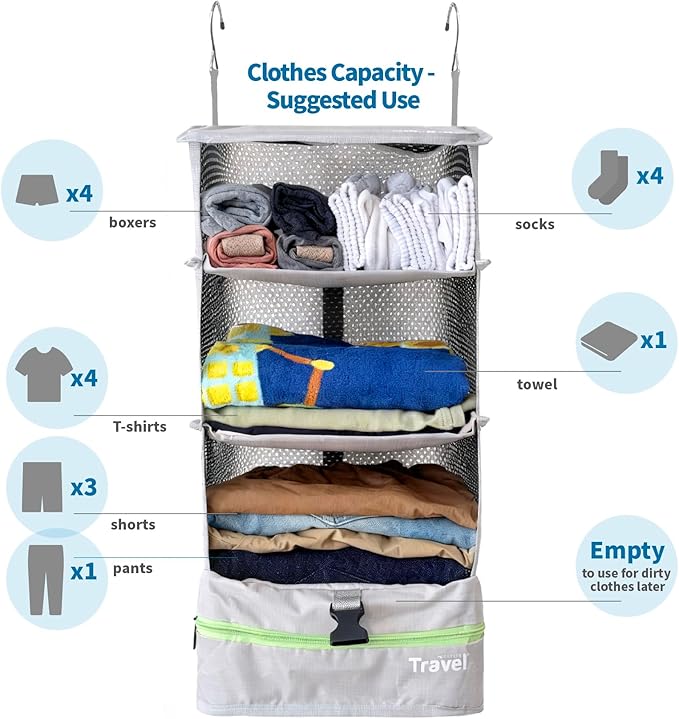 Grand Fusion Stow-N-Go Portable Hanging Travel Shelves, Packing Organizer for Luggage. Carry on Closet with Hanger for Clothe