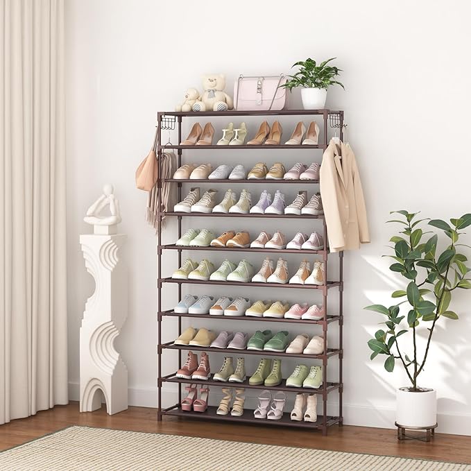 LANTEFUL 10 Tiers Shoe Rack 50 Pairs Large Capacity Tall Shoe Organizer Sturdy Shoe Storage with Two Hooks Space Saving Metal