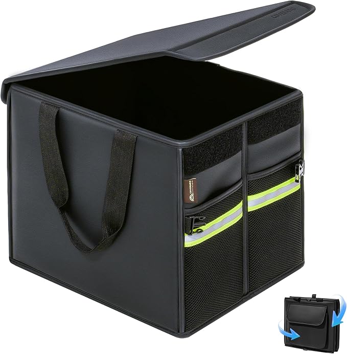 Coverado Trunk Organizer for Car- Nappa Leather Trunk Organizer for SUV with Lid, 30L Multi Collapsible Car Storage Organizer F