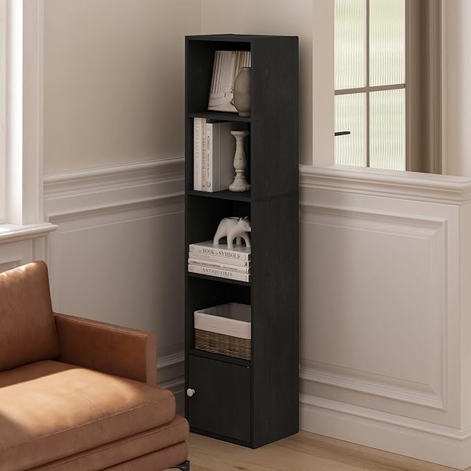 Furinno LUDER Book Shelf, 5-Tier Modern Bookshelf, Bookcase with 1 Door Storage Cabinet, 9.3 x 12 x 52,for Organization and S