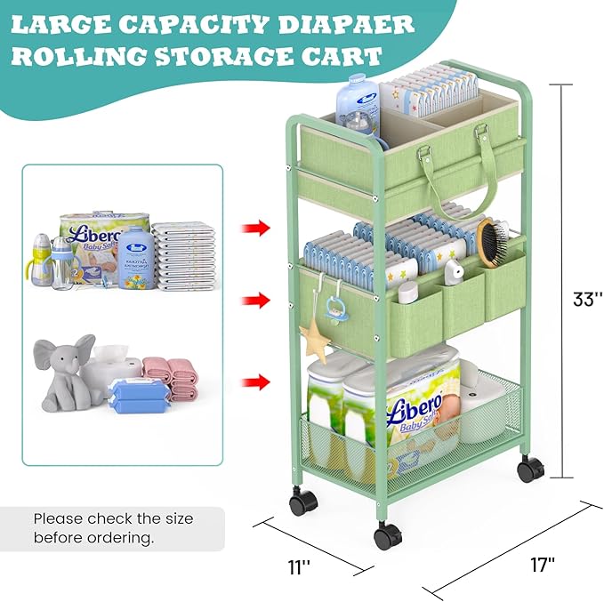 2in1 Baby Diaper Caddy Organizer Cart, 3-Tier Rolling Cart, Metal Diaper Caddy Carts, Bedside Carts for Nursery Essentials St