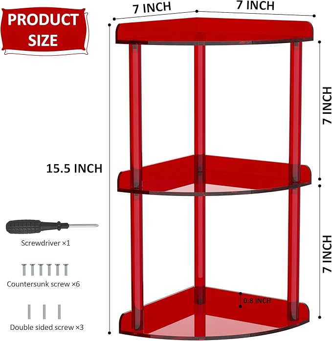 Sezanrpt 3 Tier Countertop Corner Organizer Shelf 7x7x15.7 Inch, Red Countertop Acrylic Bathroom Corner Shelf, Vanity Storage