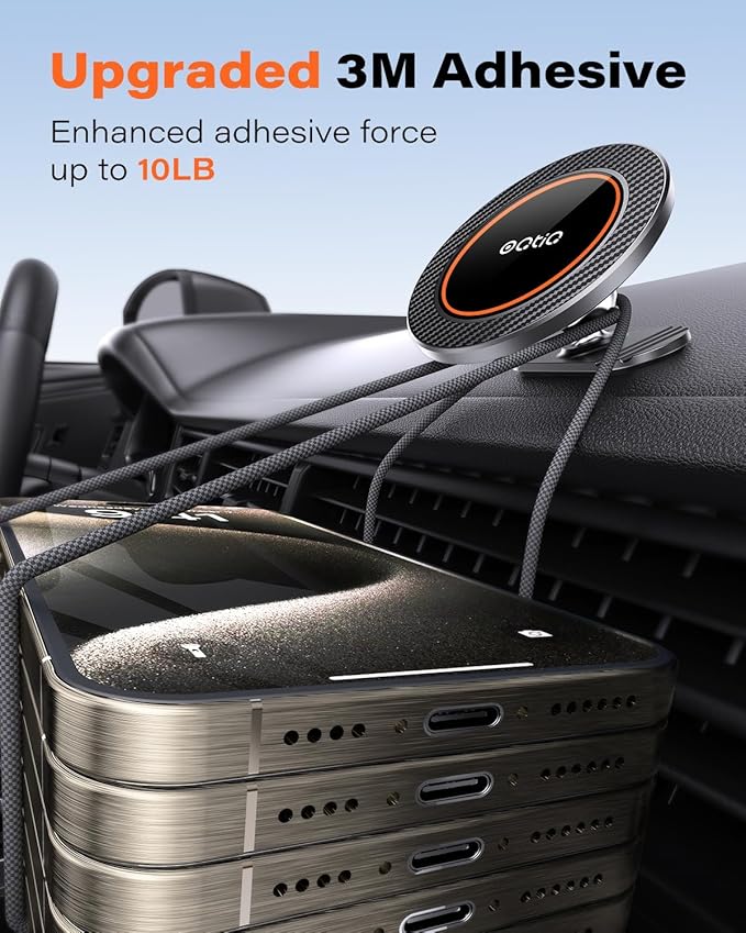 OQTIQ Magnetic Car Phone Mount Holder, Dashboard Mount with 3M Adhesive, Black Carbon Fiber, Aluminum, MagSafe Compatible for iPhone 17/16/15/14/13/12, 360-Degree Adjustable, 2 Pack (Orange-2 Pack)