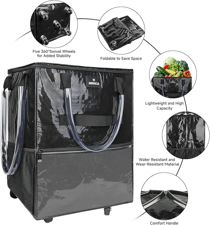 Reusable Grocery Bag On Wheels, Foldable Shopping Rolling Tote Bag with 6 Pockets, Shopping Trolley Cart with Zippered Top & 3-Way Handles, Heavy Duty, Lightweight for Moving, Camping, Small, Black