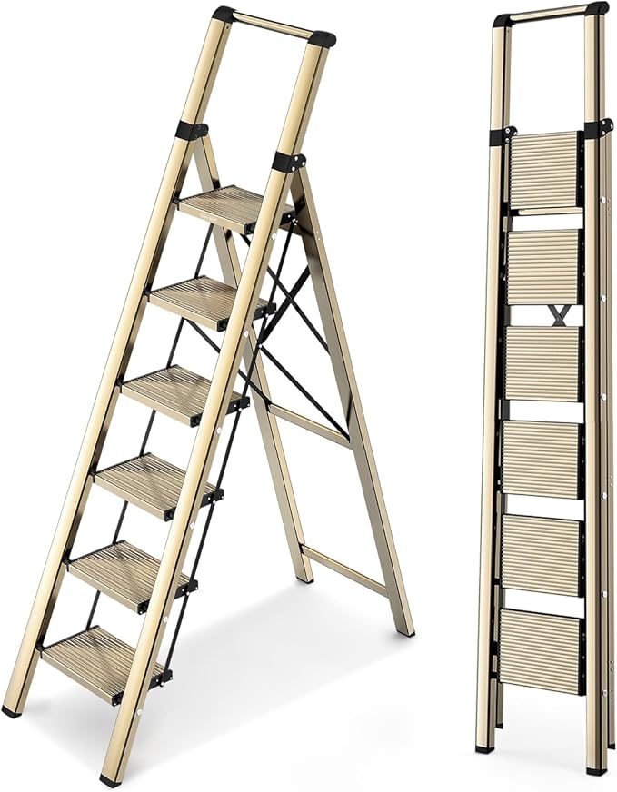 WOA WOA 6 Step Ladder, Lightweight Folding Ladder with Non-Slip Wide Pedals, Ladder with Safe Grip Handle, Easy to Open and C