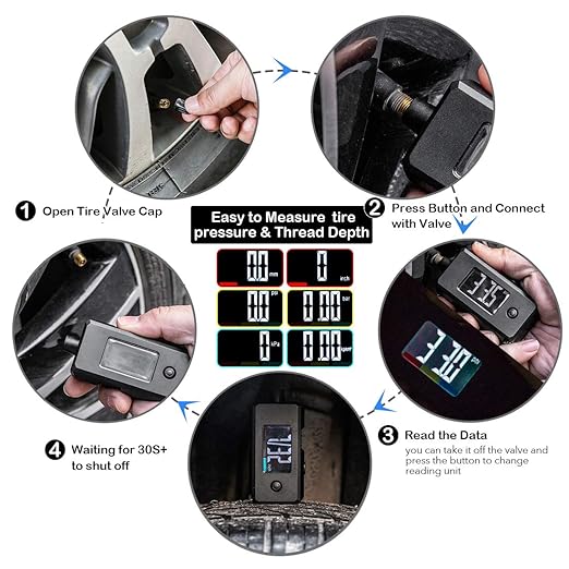 CZC AUTO Digital Tire Pressure Gauge Reader Checker 2 in 1 Accurate Digital PSI Tire Gauge with Tread Depth Gauge Backlit LCD for Car Truck Bicycle Motorcycle, Non-Slip Grip, 0-100 PSI