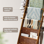 ELYKEN Blanket Ladder, 5-Tier Farmhouse Wooden Rack with Synthetic Leather Pocket, 4 Removable Hooks, Decorative Leaning Ladd