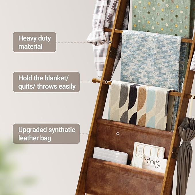 ELYKEN Blanket Ladder, 5-Tier Farmhouse Wooden Rack with Synthetic Leather Pocket, 4 Removable Hooks, Decorative Leaning Ladd