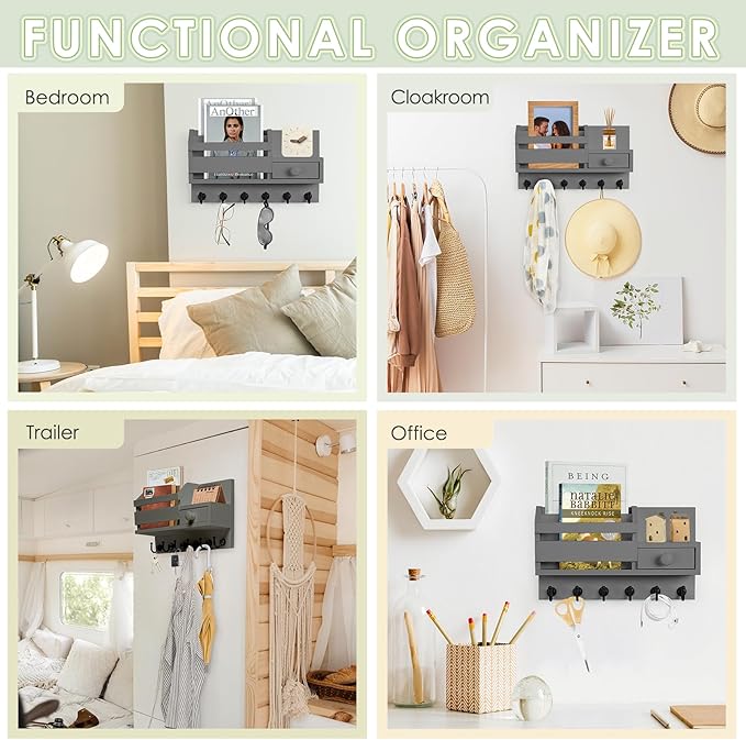 VIS'V Key Holder Wall Mount, Wooden Mail and Key Organizer with Drawer and Shelf, 2 Slots, 6 Hooks, Grey