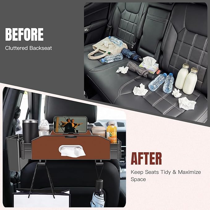 5-in-1 Car Back Seat Organizer and Storage with Extendable Cup Holder, Tissue Holder, Phone Holder, Hanging Hooks, Trash Bin, Back of Seat Car Headrest Organization Accessories for Women Man