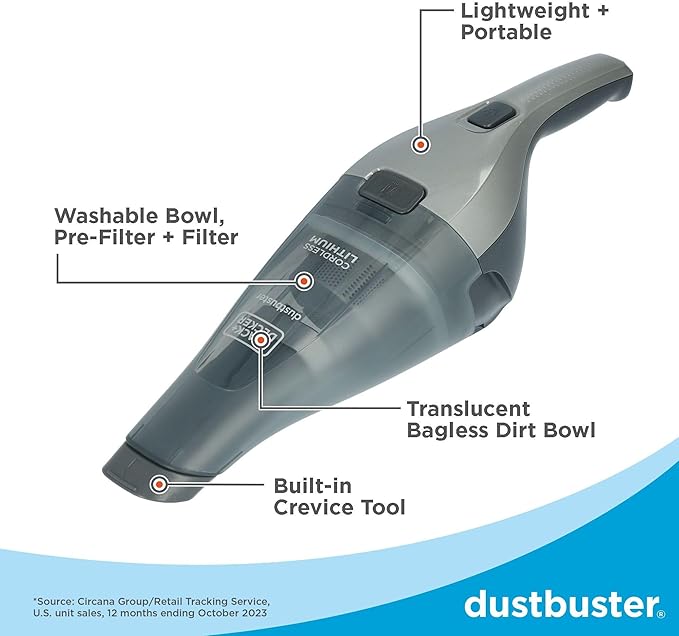 BLACK+DECKER dustbuster Handheld Vacuum, 8V Cordless, Hand Vacuum for Quick Cleanup with Crevice Tool and Washable Filter (HN