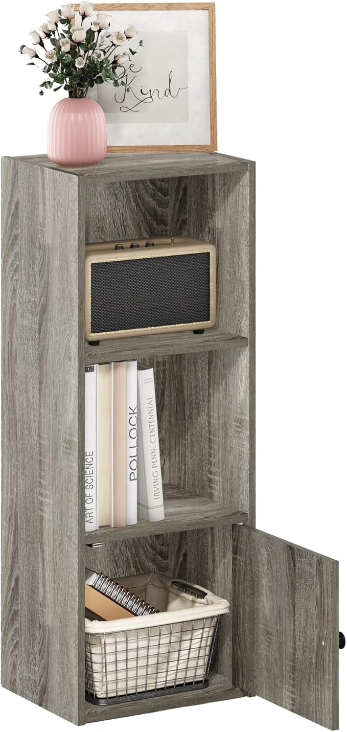 Furinno LUDER Book Shelf, 3-Tier Modern Bookshelf, Bookcase with 1 Door Storage Cabinet, 9.3 x 12 x 31.5, for Organization an